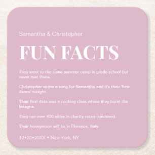 Blush Pink Modern fun fact list Wedding Custom Square Paper Coaster