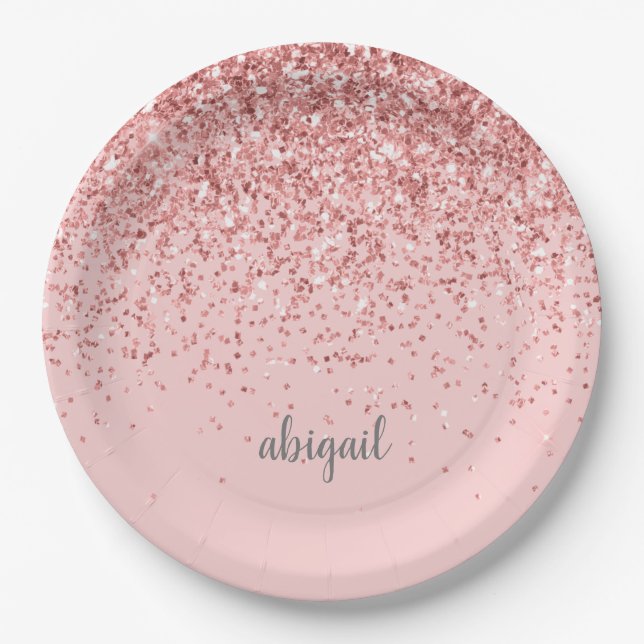 Blush Pink Modern Glitter Monogram Name Paper Plate (Front)