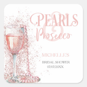 Blush Pink Modern Glitter Pearls and Prosecco Square Sticker