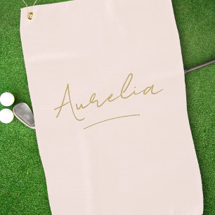 Blush Pink Modern Gold Script Monogram Name Golf Towel