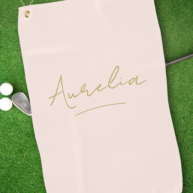 Blush Pink Modern Gold Script Monogram Name Golf Towel (Creator Uploaded)