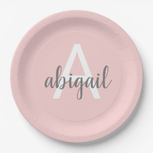 Blush Pink Modern Grey Cute Monogram Paper Plate