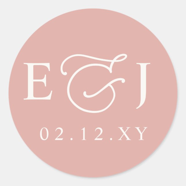 Blush Pink Modern Initials Monogram Wedding Classic Round Sticker (Front)