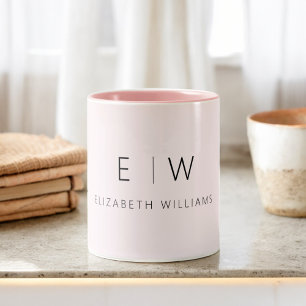 Blush Pink Modern Minimalist Monogram Name Two-Tone Coffee Mug