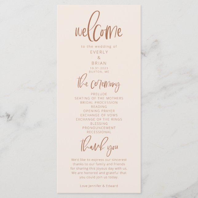 Blush Pink Modern Minimalist Wedding Program Programme (Front)