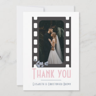 Blush pink modern movie add photo floral wedding  thank you card