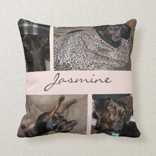 Blush Pink Modern Pet Photo Collage Monogrammed Cushion