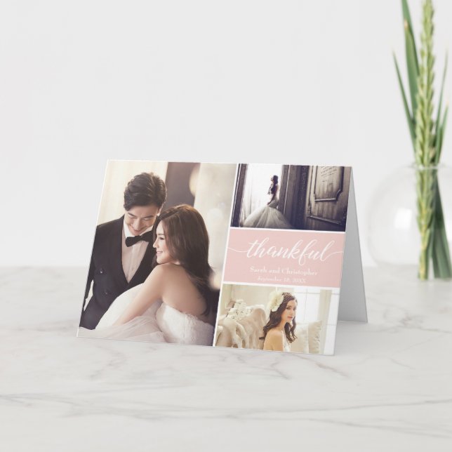 Blush pink Modern Photo Collage Wedding Thank you Card (Front)
