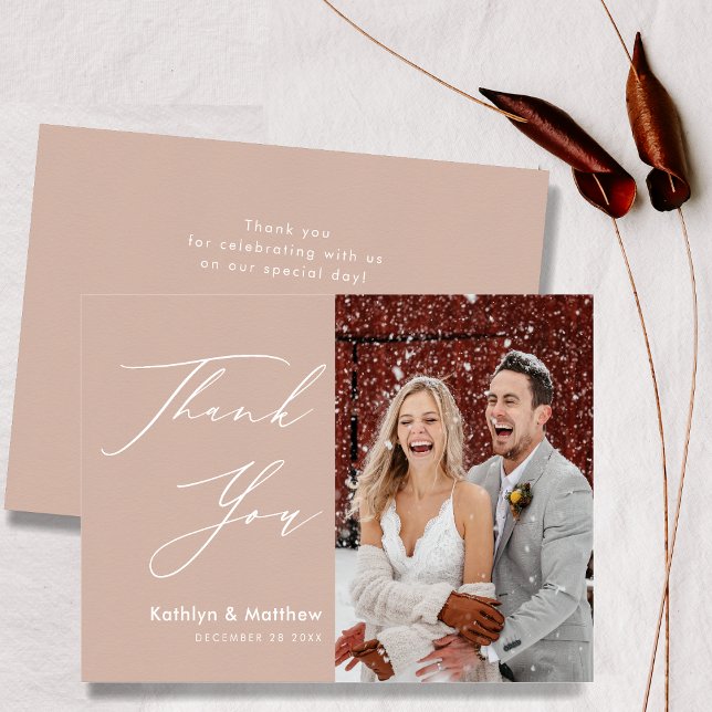 Blush Pink Modern Photo Elegant Script Wedding Thank You Card (Creator Uploaded)