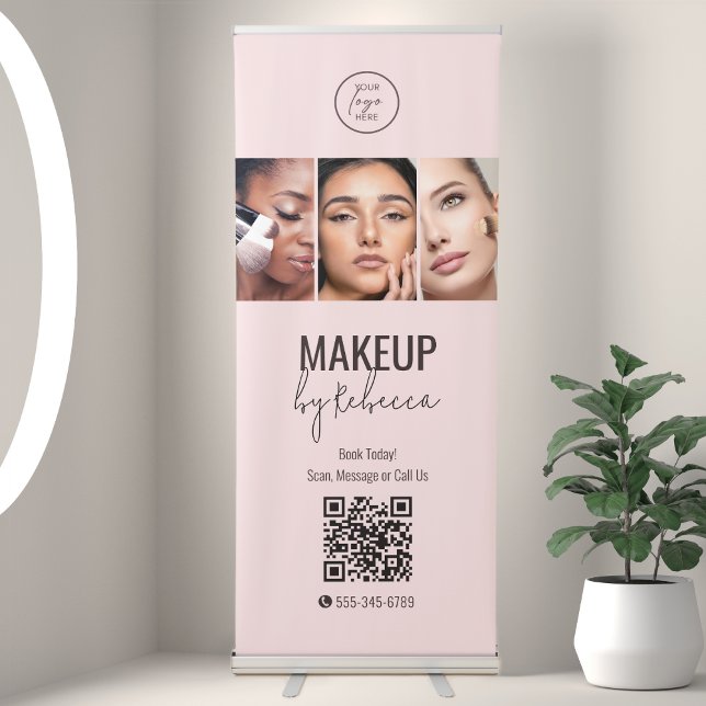 Blush Pink Modern Photo Logo QR Code Makeup Retractable Banner (Modern 3 photo blush pink roller up banner for your makeup studio or anywhere you work)