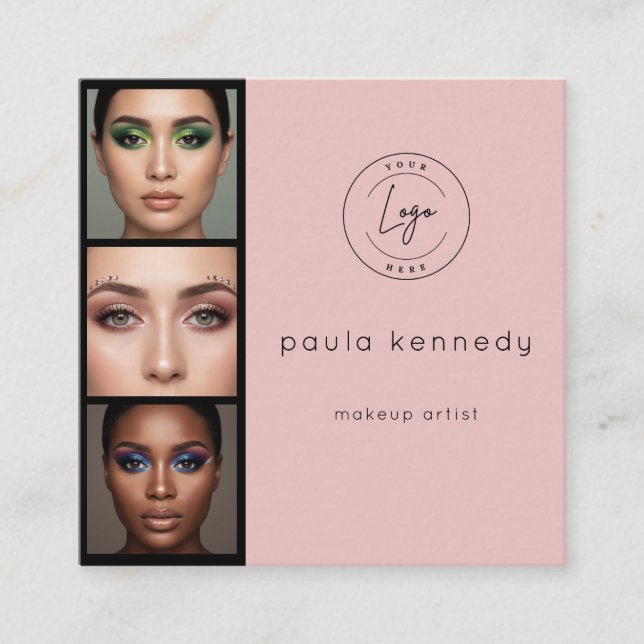 Blush Pink Modern Photo Makeup 3 Photo Square Square Business Card (Front)