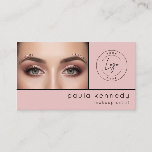 Blush Pink Modern Photo Makeup QR Code Business Card (Front)