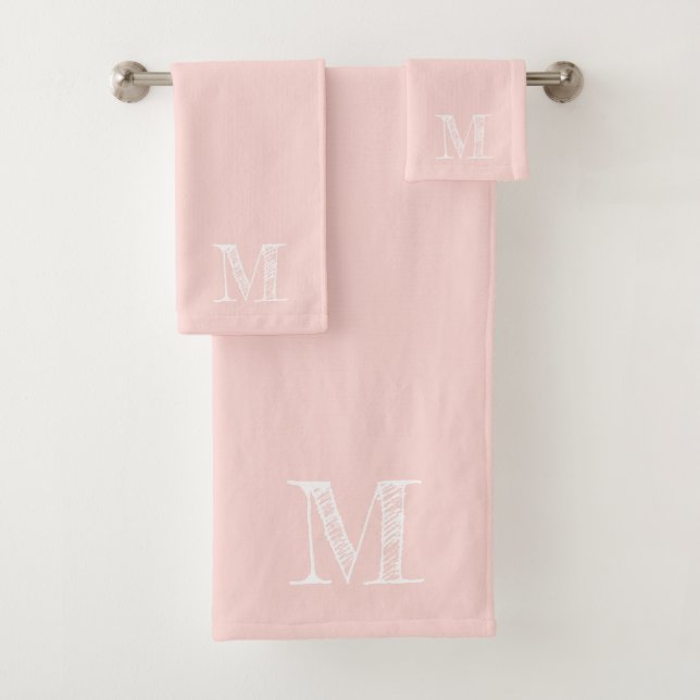 Blush Pink Modern Rustic Monogram Initial Bath Towel Set (Insitu)