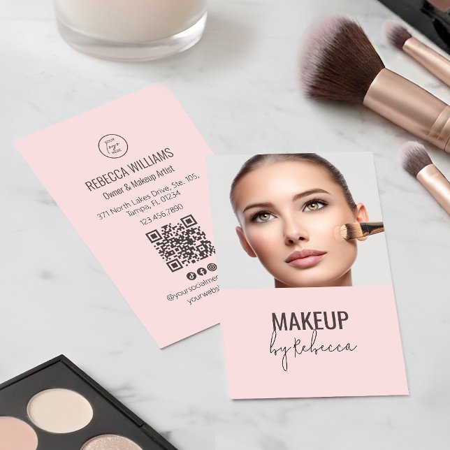 Blush Pink Modern Script Font QR Code Photo Makeup Business Card (Modern blush pink photo business card with QR code for makeup and beauty professionals)