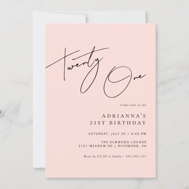 Blush Pink | Modern Script Girly 21st Birthday  Invitation (Front)