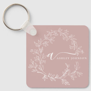 Blush Pink Modern Script Girly Monogram Name Key Ring