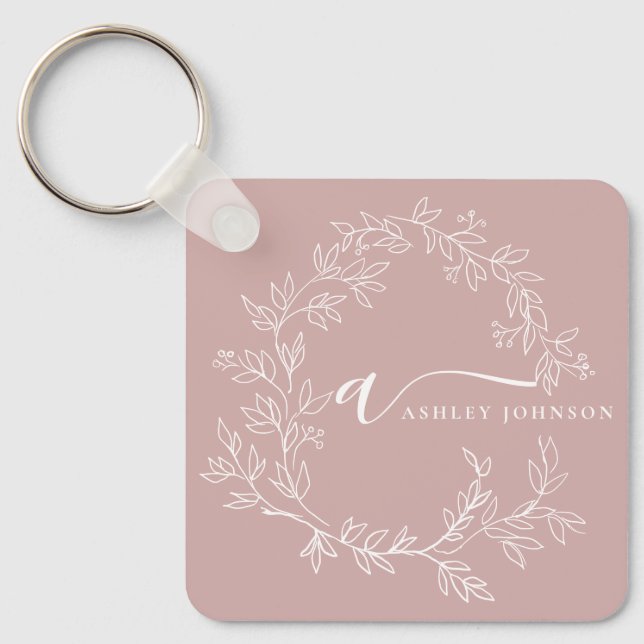 Blush Pink Modern Script Girly Monogram Name Key Ring (Front)