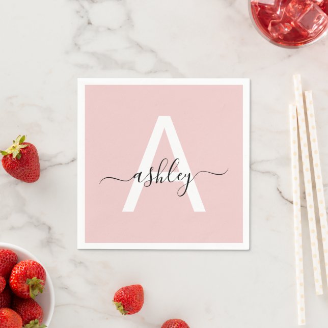 Blush Pink Modern Script Girly Monogram Name Napkin (Insitu)
