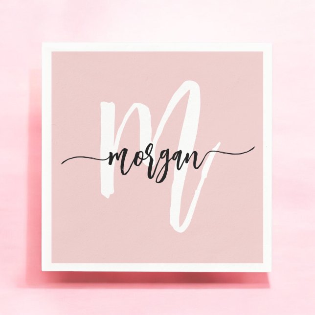 Blush Pink Modern Script Girly Monogram Name Napkin (Creator Uploaded)