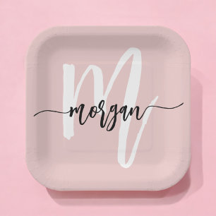 Blush Pink Modern Script Girly Monogram Name Paper Plate