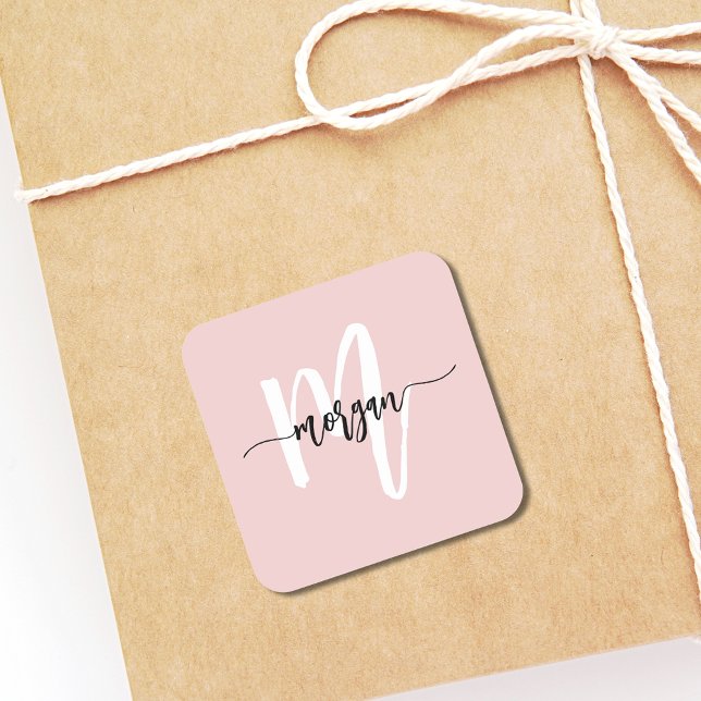 Blush Pink Modern Script Girly Monogram Name Square Sticker (Creator Uploaded)