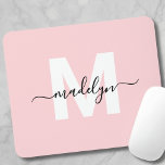 Blush Pink Modern Script Name Monogram Mouse Mat<br><div class="desc">Personalised Blush Pink Initial Monogram Mouse Pad. Add a touch of elegance to your workspace with this stylish mouse pad. Featuring a soft blush pink background, a crisp white initial letter, and a sleek black script name, this design is perfect for anyone who loves a feminine and luxurious look. Ideal...</div>