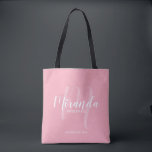 Blush Pink Modern Script Personalised Bridesmaids Tote Bag<br><div class="desc">Add a personal touch to your wedding with personalised bridesmaids gift tote bag. This tote bag features personalised bridesmaid's name in white modern script font style and monogram in light pink modern script font style as background with title and wedding date in white modern sans serif font style on blush...</div>