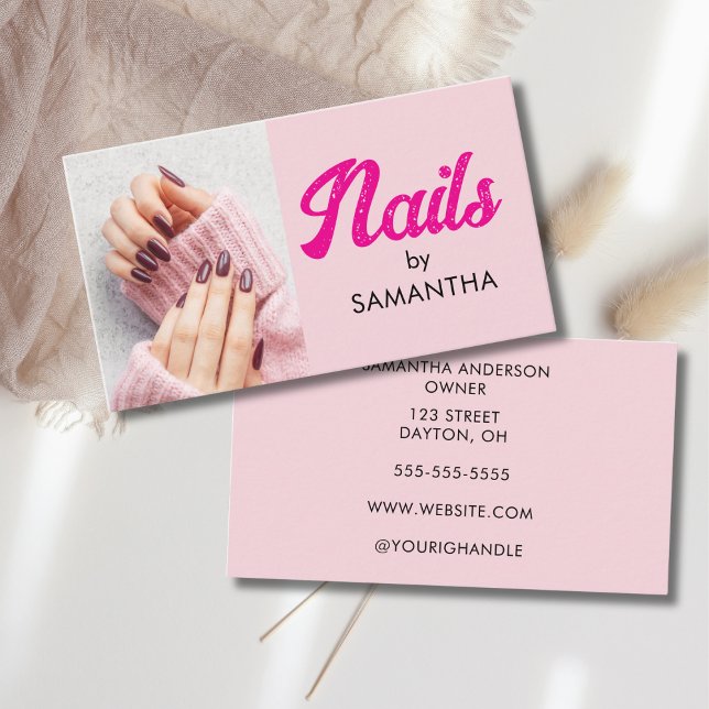 Blush Pink Modern Script Photo Nails Business Card (Creator Uploaded)