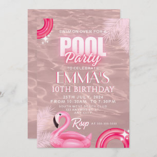 Blush Pink Modern Script Pool Birthday Party Invitation