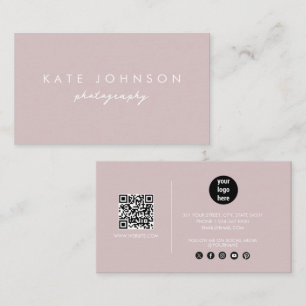 Blush Pink Modern Script QR Code Social Media Business Card