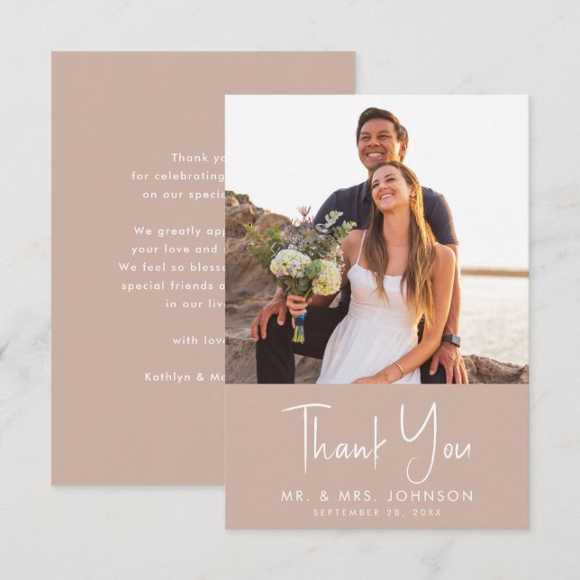 Blush Pink Modern Script Trendy Minimalist Wedding Thank You Card (Front/Back)