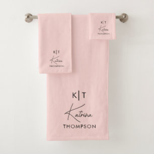 Blush Pink Modern Signature Script Monogram Bath Towel Set