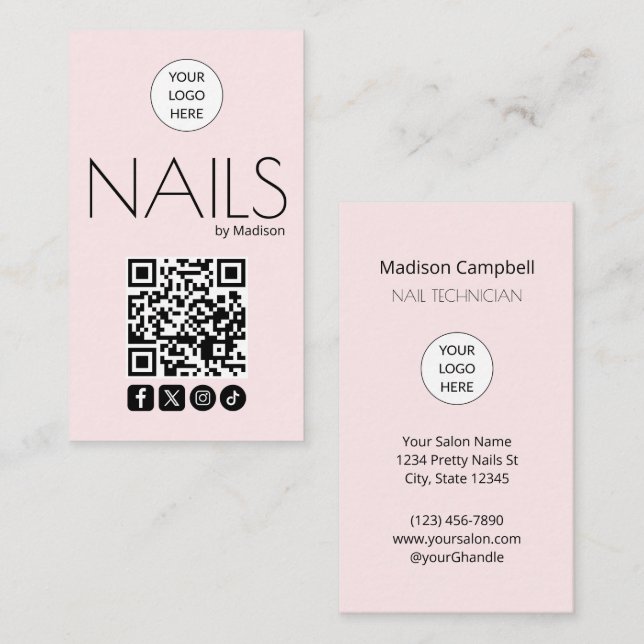 Blush Pink Modern Social Icon QR Code Nails Business Card (Front/Back)