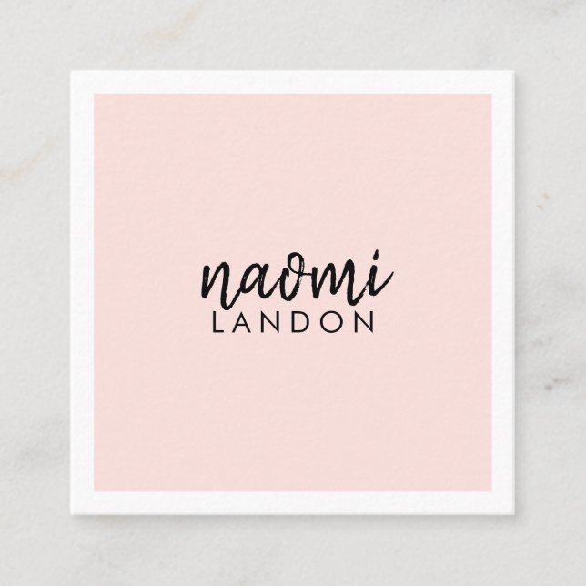 Blush pink modern square minimalist white elegant square business card (Front)