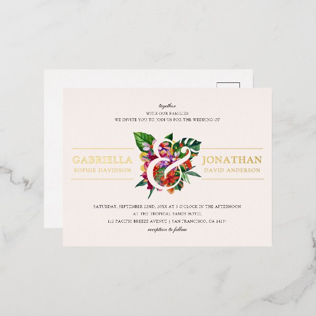 Blush Pink Modern Tropical Bouquet Wedding Foil Invitation Postcard (Front/Back)