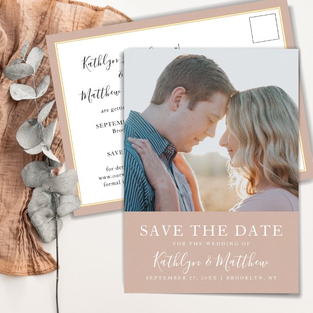 Blush Pink Modern Typography Simple Photo Wedding  Announcement Postcard (Creator Uploaded)