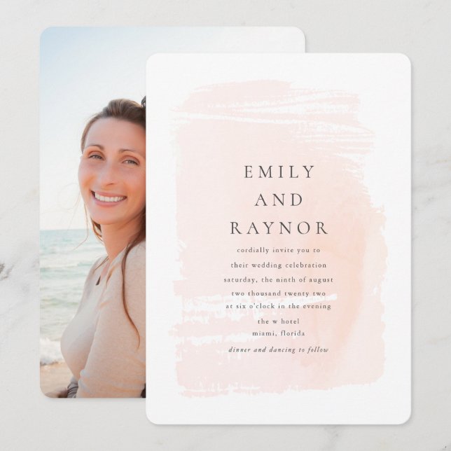 Blush Pink Modern Watercolor Photo Wedding Invitation (Front/Back)