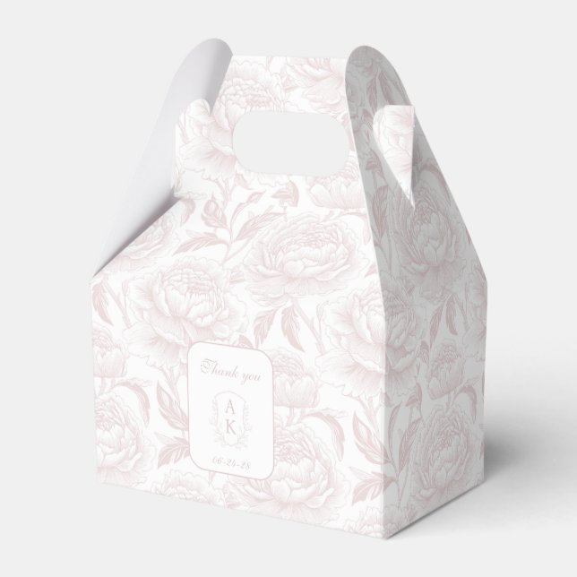 Blush Pink Monogram Crest Chinoiserie Peonies Favour Box (Front Side)