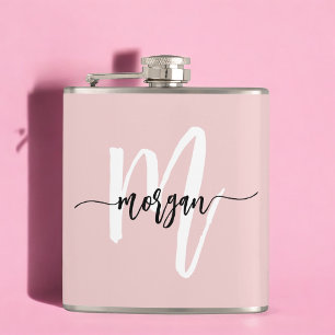 Blush Pink Monogram Cute Girly Script Hip Flask