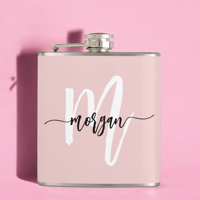Blush Pink Monogram Cute Girly Script Hip Flask (Creator Uploaded)