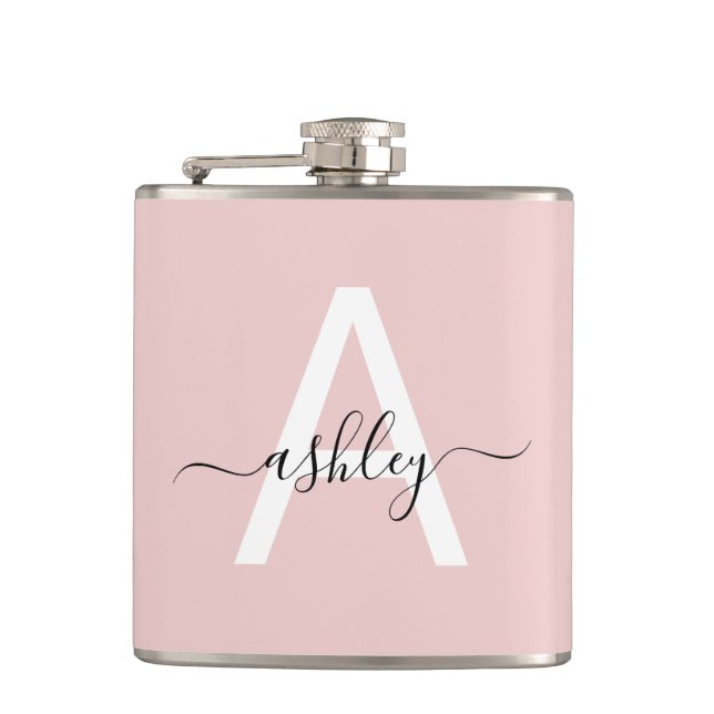 Blush Pink Monogram Cute Girly Script Hip Flask (Front)