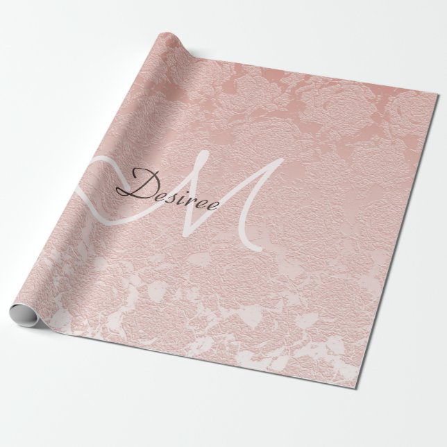 Blush Pink Monogram Elegant Floral Modern Art Wrapping Paper (Unrolled)