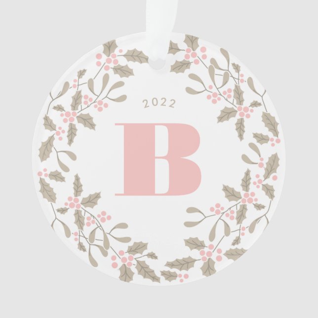 Blush Pink Monogram Holly Wreath Wedding Photo Ornament (Front)