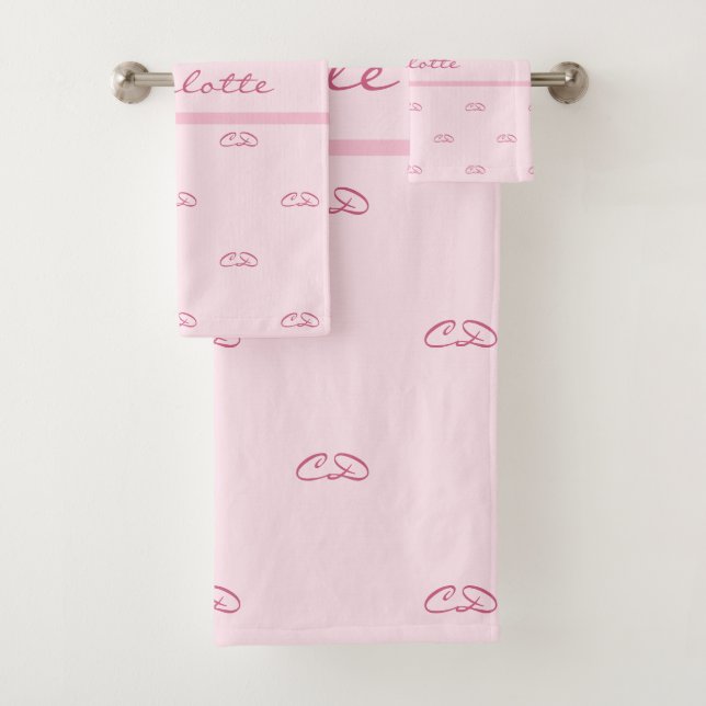 Blush pink monogram initials pattern name bath towel set (Insitu)