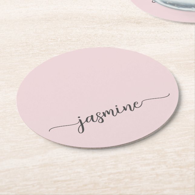 Blush Pink Monogram Name Script Chic Signature Round Paper Coaster (Angled)
