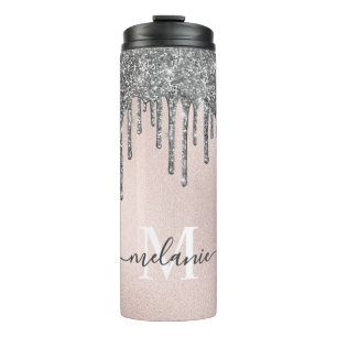 Blush Pink Monogram Name Silver Glitter Drip Thermal Tumbler