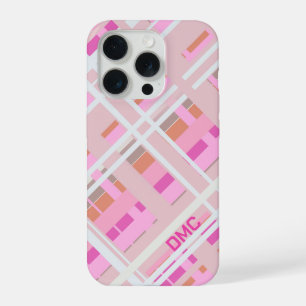 Blush pink monogram plaid girly magenta white iPhone 15 pro case