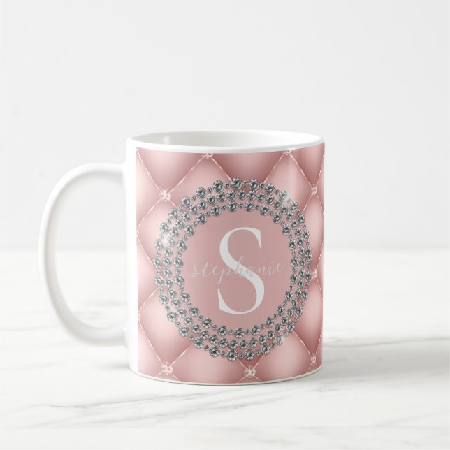 Blush Pink Monogram Sparkly Diamonds Tufted Custom Coffee Mug (Left)