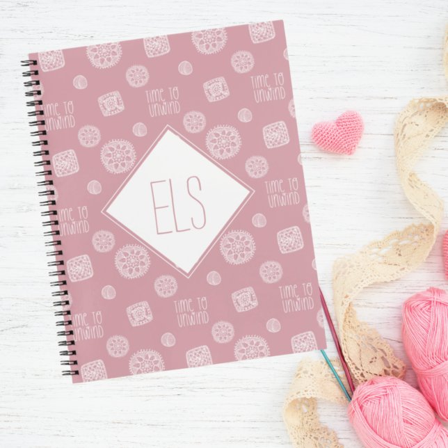 Blush Pink Monogram Time to Unwind Crochet Notebook (Creator Uploaded)