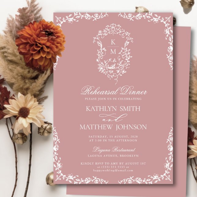 Blush Pink Monogram Vintage Rehearsal Dinner Invit Invitation (Creator Uploaded)